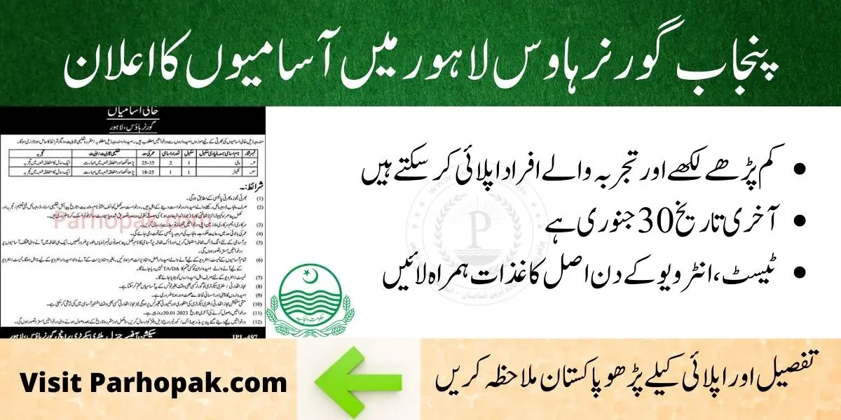 Punjab Governor House Lahore jobs 2023