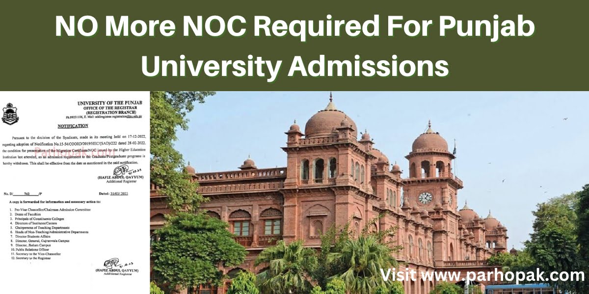 No More NOC required for Admissions in Punjab University