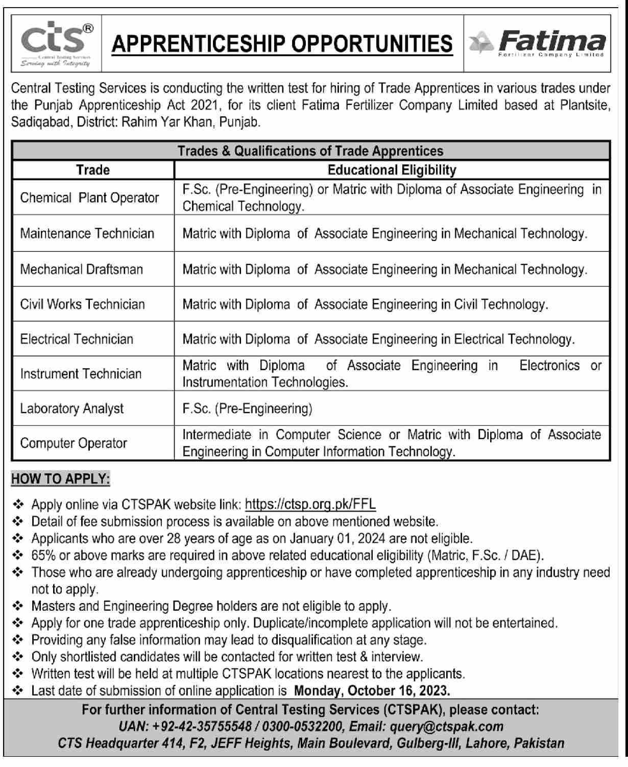 Fatima Fertilizer Company CTS Apprenticeship Program 2023