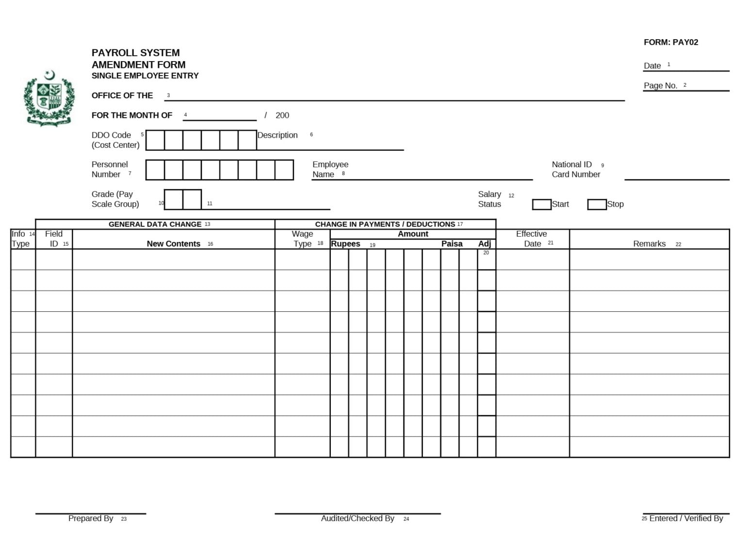 Download Change Form PDF for Payroll Amendment System