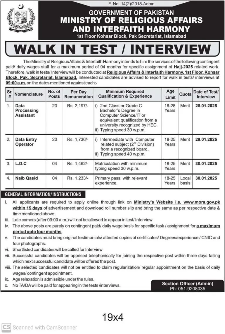 Ministry of Religious Affairs Walk-In Tests and Interviews Jobs Advertisement for Hajj 2025